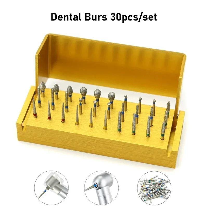 

30 Pcs Dental Diamond Burs Drill + Disinfection Bur Block High Speed Handpiece