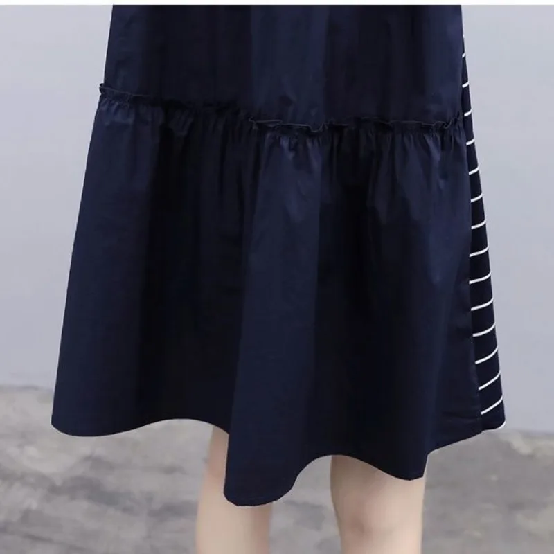 Women's Crew Neck Pullover Summer Striped Solid Patchwork Shirring Pleated Short Sleeve Casual Loose Elegant Office Lady Dress