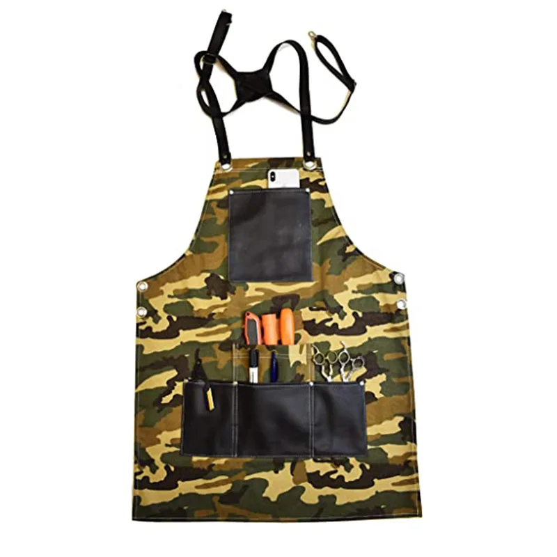 Durable Thick Canvas Apron Barber Work Apron with Tool Pocket Leather Men Women Cross-Back Straps Adjustable