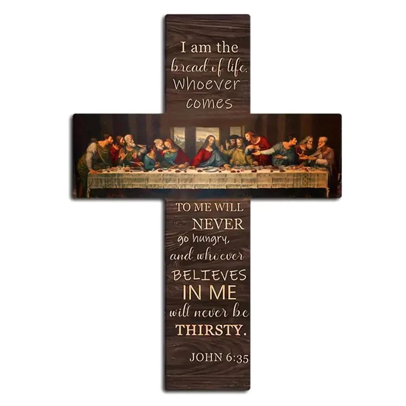Bread Of Life Last Supper Scene Wooden Sign Cross Wall Art Plaque Home Decoration Pendant Wall Card  Scripture Wall Hanging