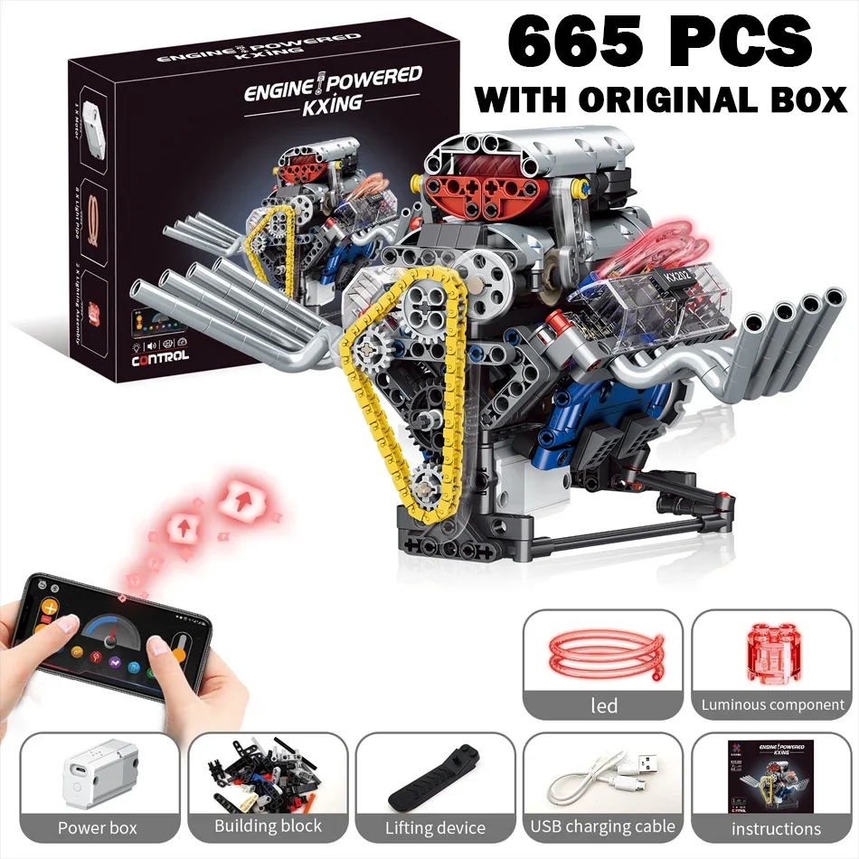 

Набор для сборки модели двигателя V8 (665 деталей) с программированием через приложение, моторизованный, для взрослых и детей, подарок