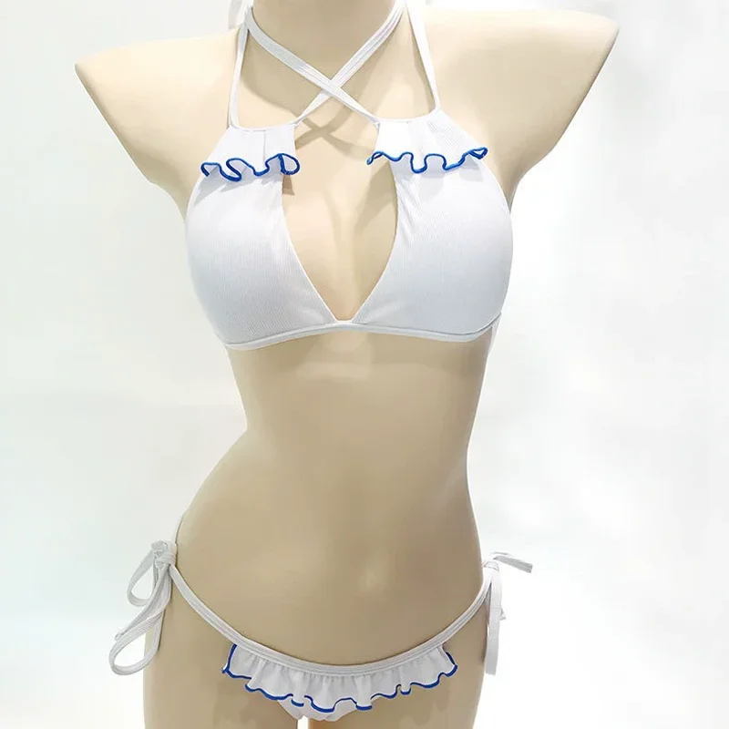 Ruffled Bikini White String Blue Archive Cosplay Swimsuit Criss Cross Bandage Swimwears Women Halter Backless Beach Bathing Suit