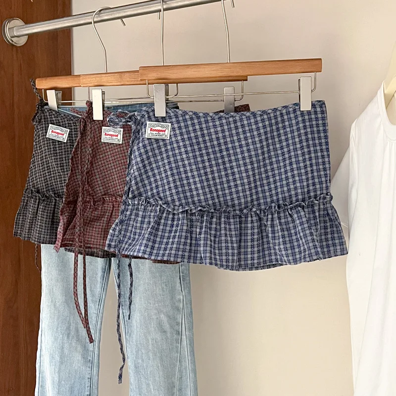 Versatile Casual Plaid Fart Curtain Stacked Through Lace-up Personalized Wear Trendy Fashion Cotton Plaid Cake Skirt Curtain