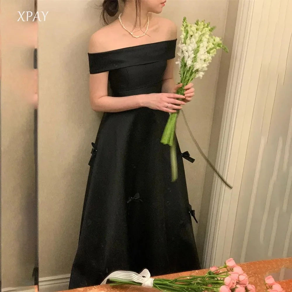 XPAY シンプルなストラップレス A ライン韓国イブニングドレス結婚式の写真撮影パーティードレスボレロちょう結びナイトイベントカスタマイズ