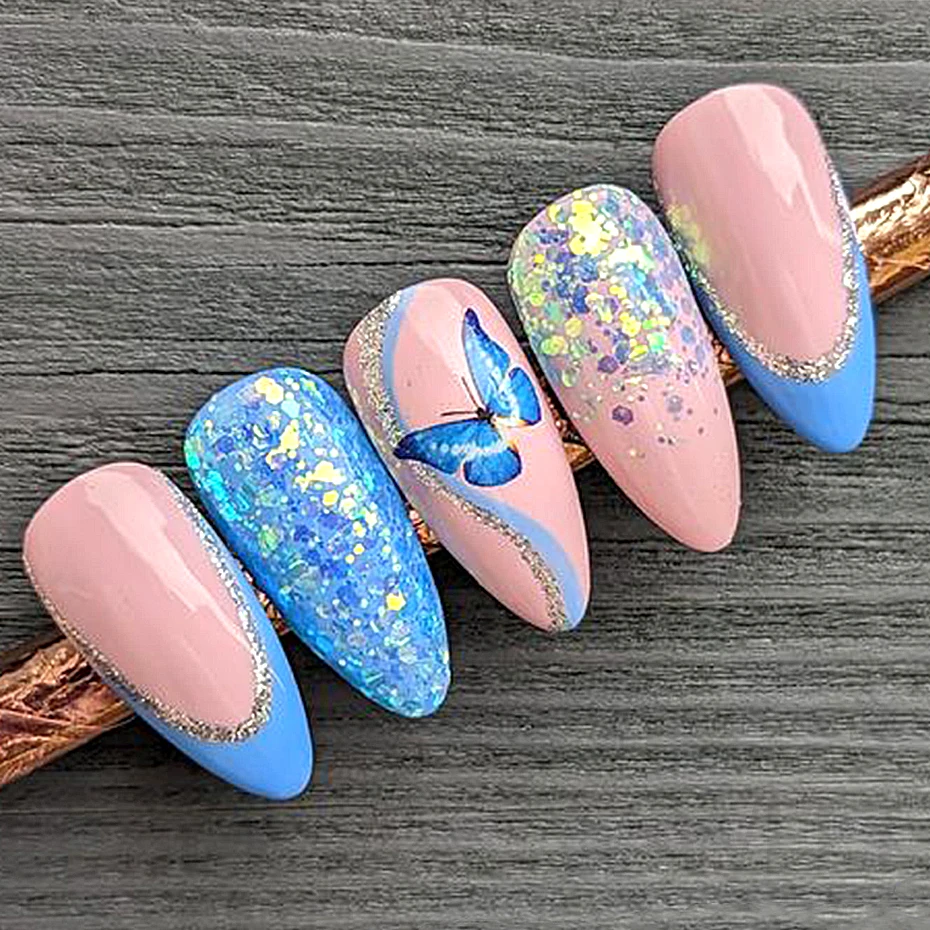 Bule Fairy Butterflies naklejki na paznokcie naklejki marzycielski projekt żywe holograficzne DIY Manicure Charms dekoracje okłady akcesoria JIF