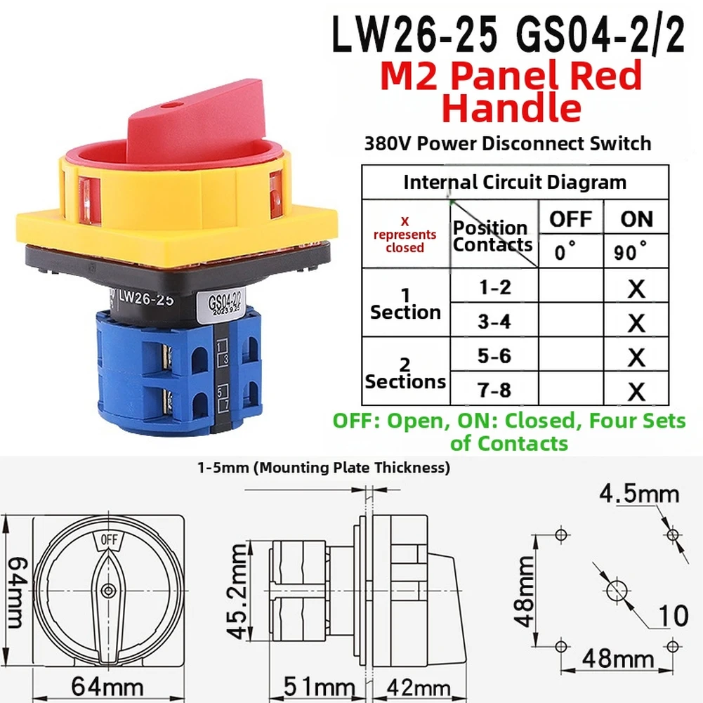 2 Position LW26GS-20/02 Rotary Cam Switch 20A 690V with Red Handle Smooth Operation Tested Thousands of Cycles