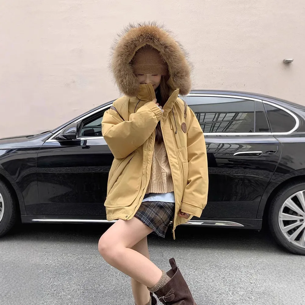 سترة نسائية شتوية من القطن بتصميم كبير بياقة من الفرو ملابس عمل سترة بيضاء مبطنة أسفل معطف سميك ملابس خارجية مقاومة للرياح