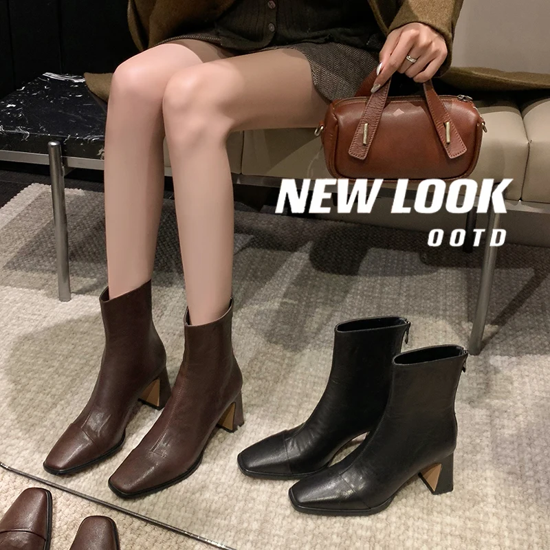 

2026, осенне-зимние женские ботильоны высотой 22-24,5 см, современные ботинки из воловьей кожи с квадратным носком, узкие ботинки на толстом высоком каблуке с молнией сзади