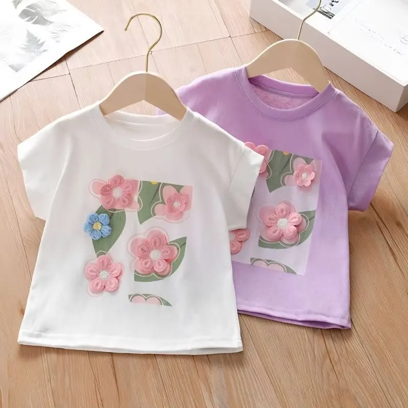 Girls Summer Flower Short Sleeve T-shirt Children\'s Sweet Round Neck Bottom Shirt Baby Cotton Comfortable Top New Fation