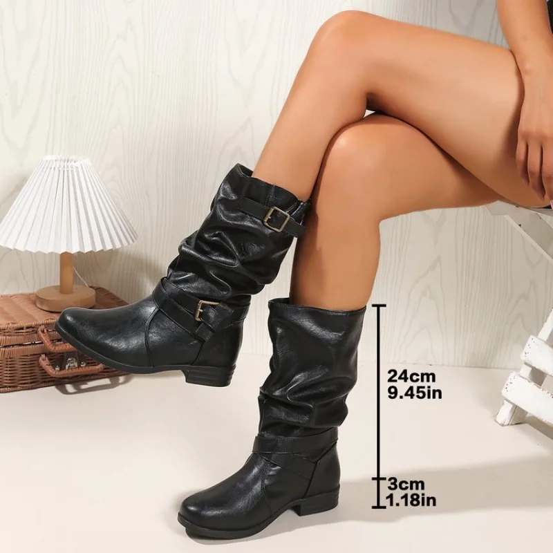 

2025 Новые женские ботинки в стиле ретро, осень-зима, короткие сапоги большого размера, рыцарские сапоги на толстом каблуке, кожаная дизайнерская обувь для женщин