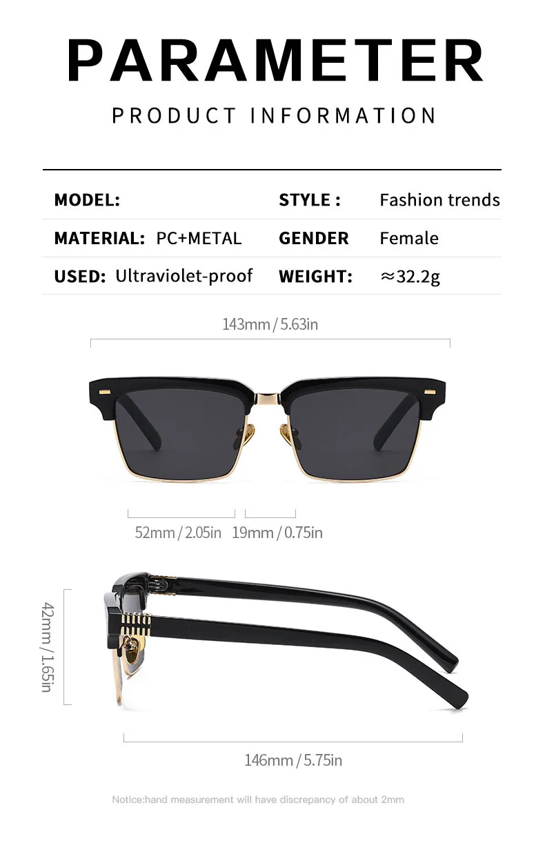 SHAUNA Fashion Nieten Halbrahmen Sonnenbrille UV400 Quadratische Anti-Blaulicht-Brille – Detail 7