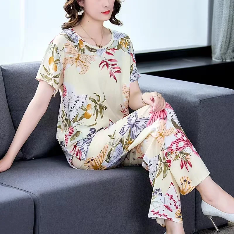 

2024 Summer New Cotton Suit Lady Two-Piece Casual Loose Set Middle-Aged Old Mothers 2PCS Fashion Simple Round Neck Outfit Woman