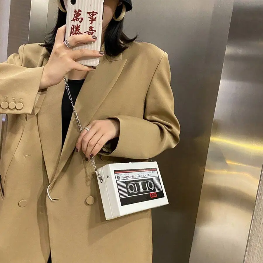 Cassette Tape Shaped Crossbody Bag With Metal Chain Strap Rigid Box Purse For Women Street Fashion view 3