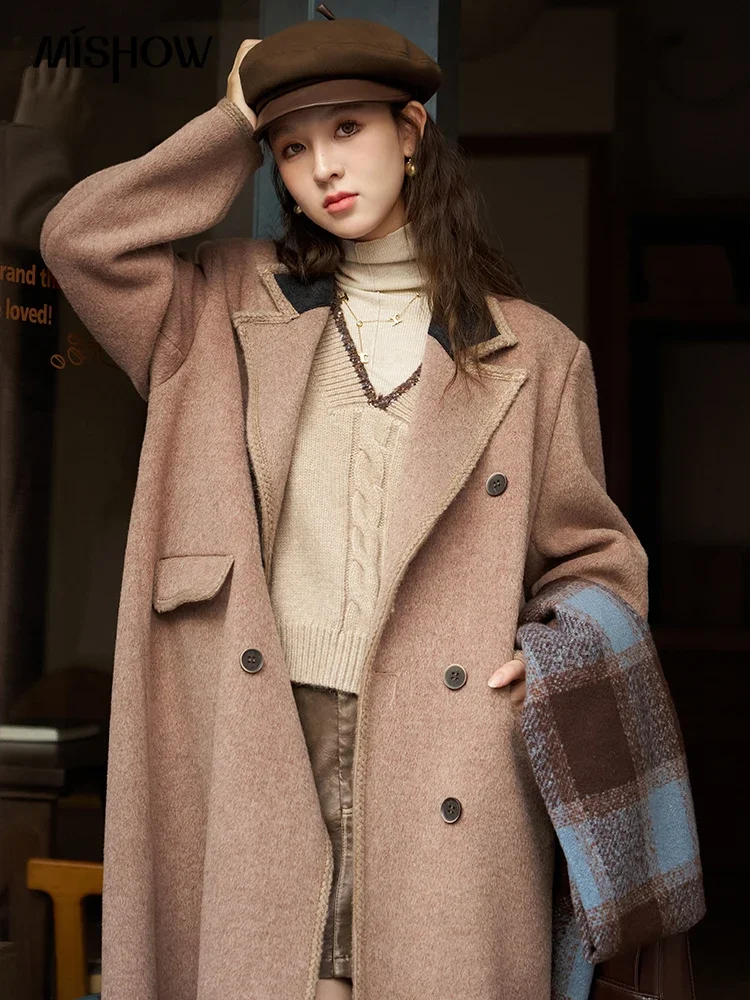 MISHOW Winter Wool Blend Woolen Coat for Women 2023 Fashion Double Sided Notched Collar Contrast Overcoat with Pocket MXC58W0187