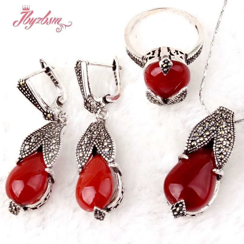 Drop Agates CZ Crystal Shell Marcasite Tibetan Silver Gorgeous Fashion Necklace Pendant Earring Ring Women Fashion Jewelry Set