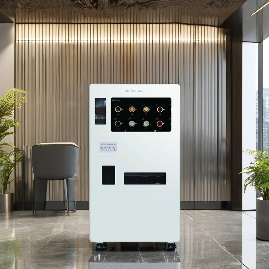 Smart Robot Kiosk Commercial Automatic Hot Chocolate Coffee Vending Machine Plastic Coin Token QR Code Payment Systems