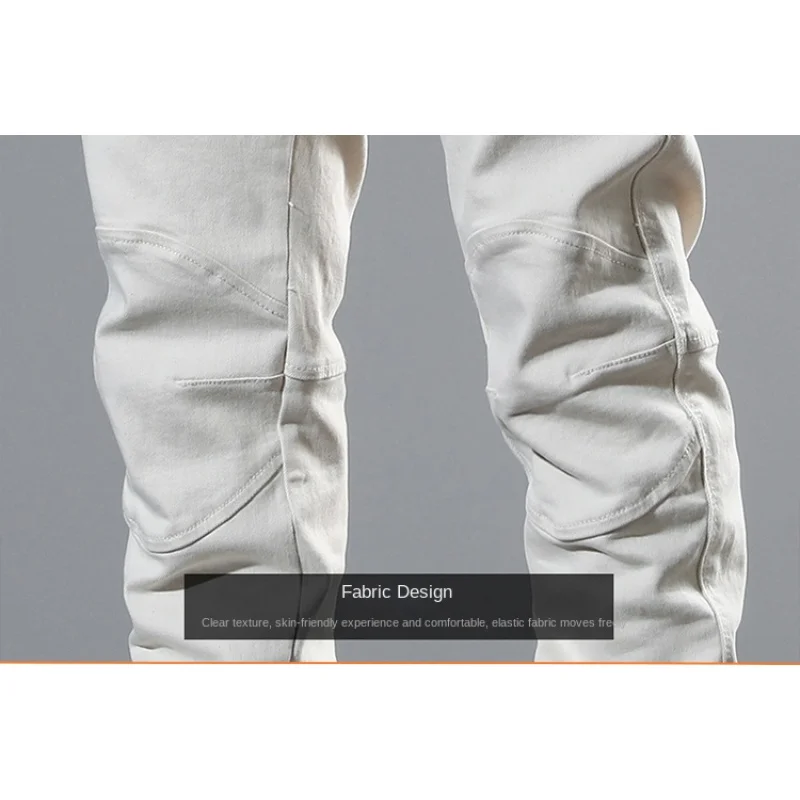 New American 98% cotton high-end personality splicing men's jeans white fashion leisure Slim small straight biker trousers
