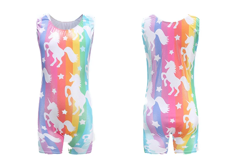 Girls Short Jumpsuits Shiny Spandex Gymnastics Print Ballet Leotards Swimsuit for Dancing One-piece Bodysuit Costume Sleeveless