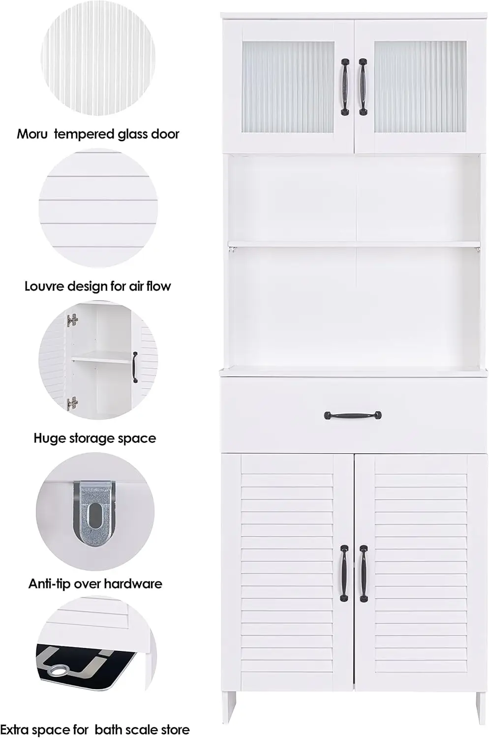 Gabinete, gabinete de almacenamiento de piso con puertas dobles y cajones, gabinete de madera independiente para baño, sala de estar, cocina, blanco