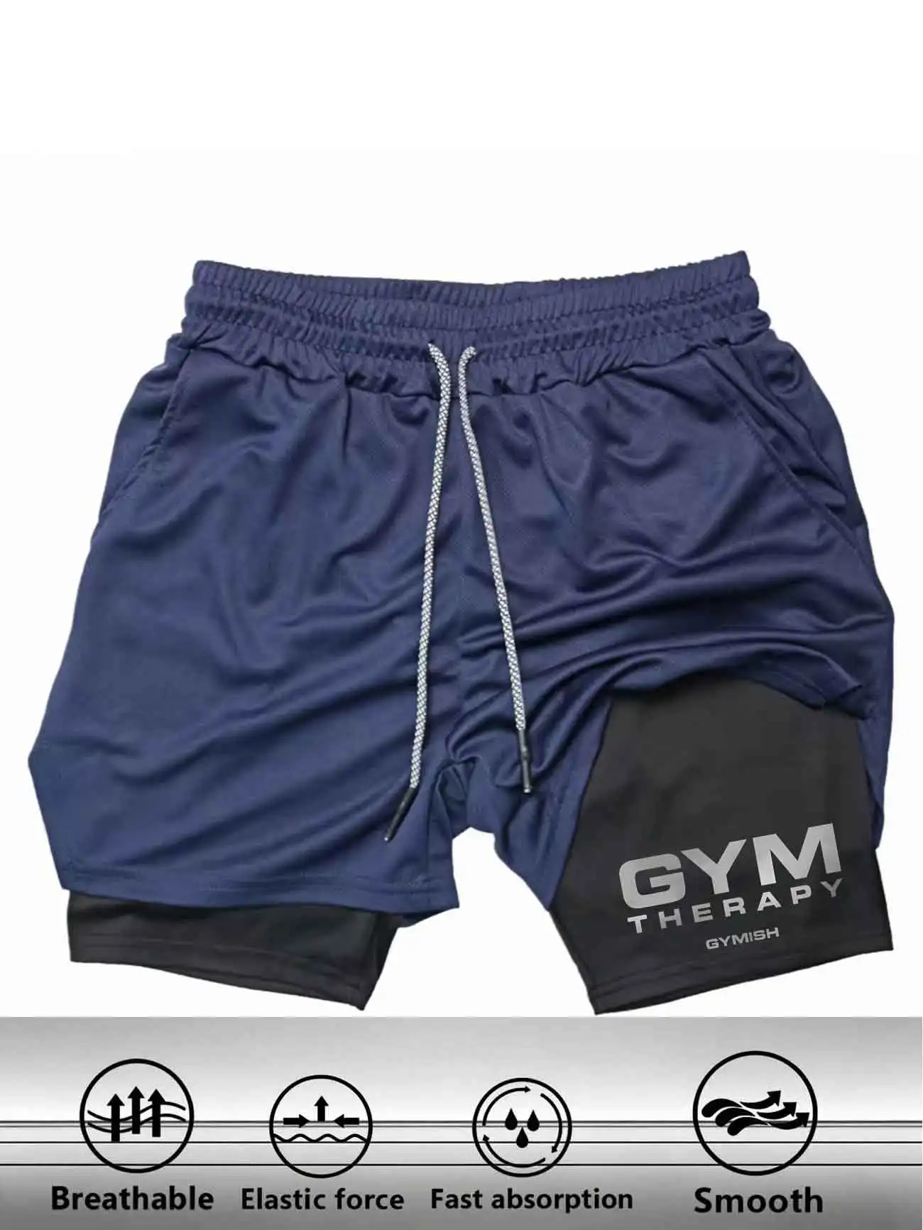 Men's 2 in 1 Gym Shorts GYM THERAPY Print Double Layer Workout Shorts Quick Dry Breathable Running Training Shorts With  Pocket