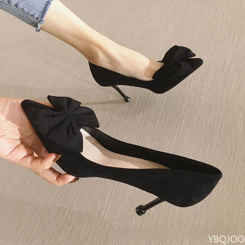 

Women's trendy 2026Shoes Fashion bow tie slim high heels Sexy black Elegant shoes Fairy style comfort ladies pumps Zapatos Mujer