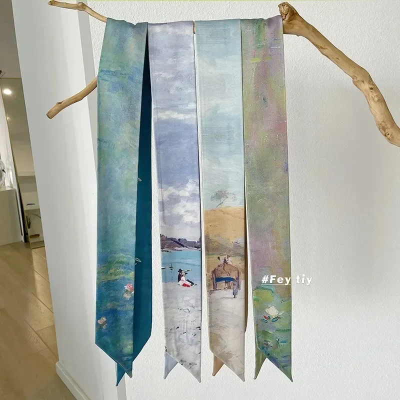 

Water Lily Oil Painting Silk Skinny Scarf Artistic Sense Tie Bag Headband Belt Wild Decorative Ribbon Waistband Hair Bands