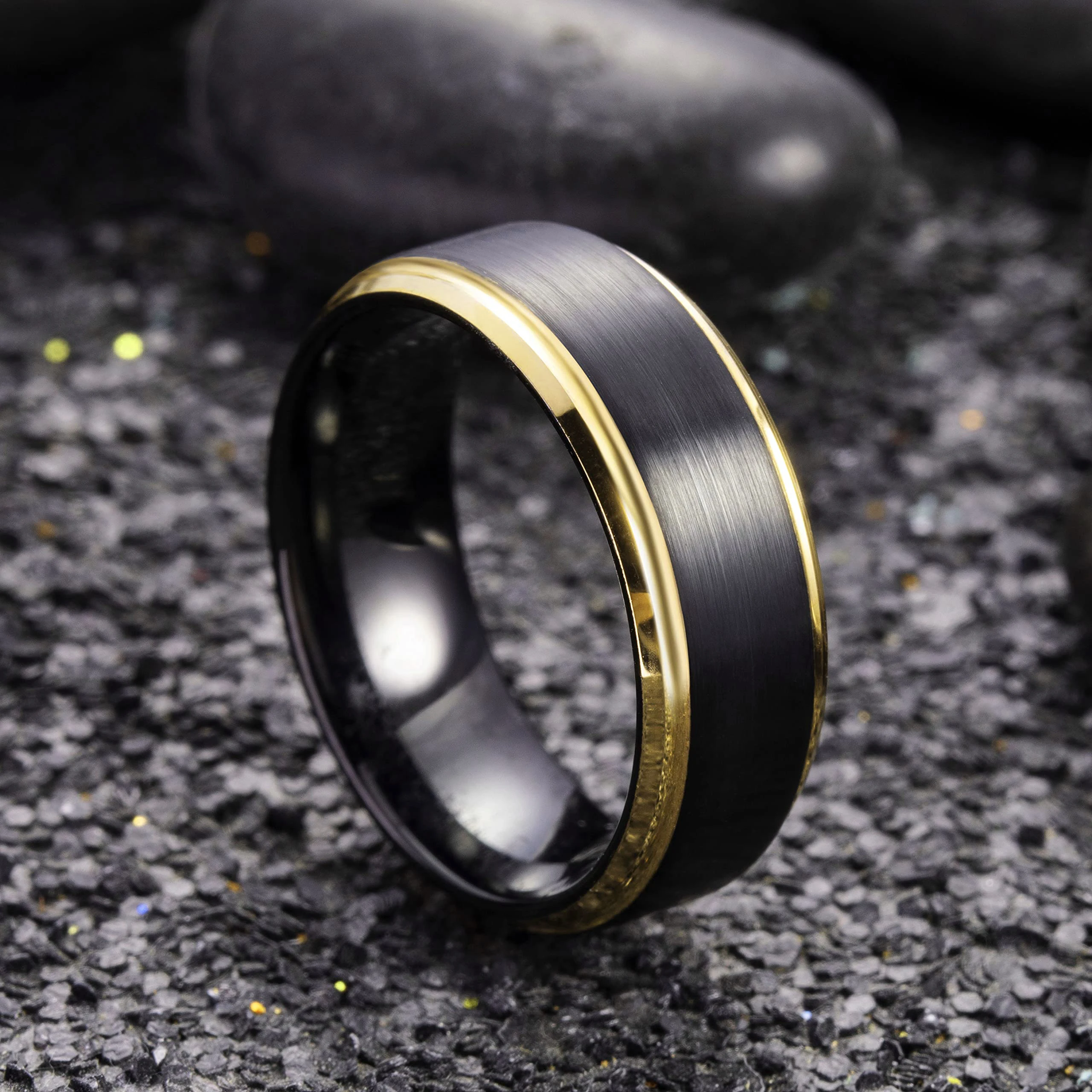 Fashion 8mm Black Brushed Titanium Stainless Steel Rings for Men Women Rose Gold Color Step Edge Men Rings Wedding Party Jewelry