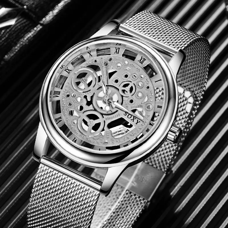 Fashion Mens Hollow Watches Men Business Watch Male Stainless Steel Mesh Belt Skeleton Quartz Wrist Watch Relogio Masculino