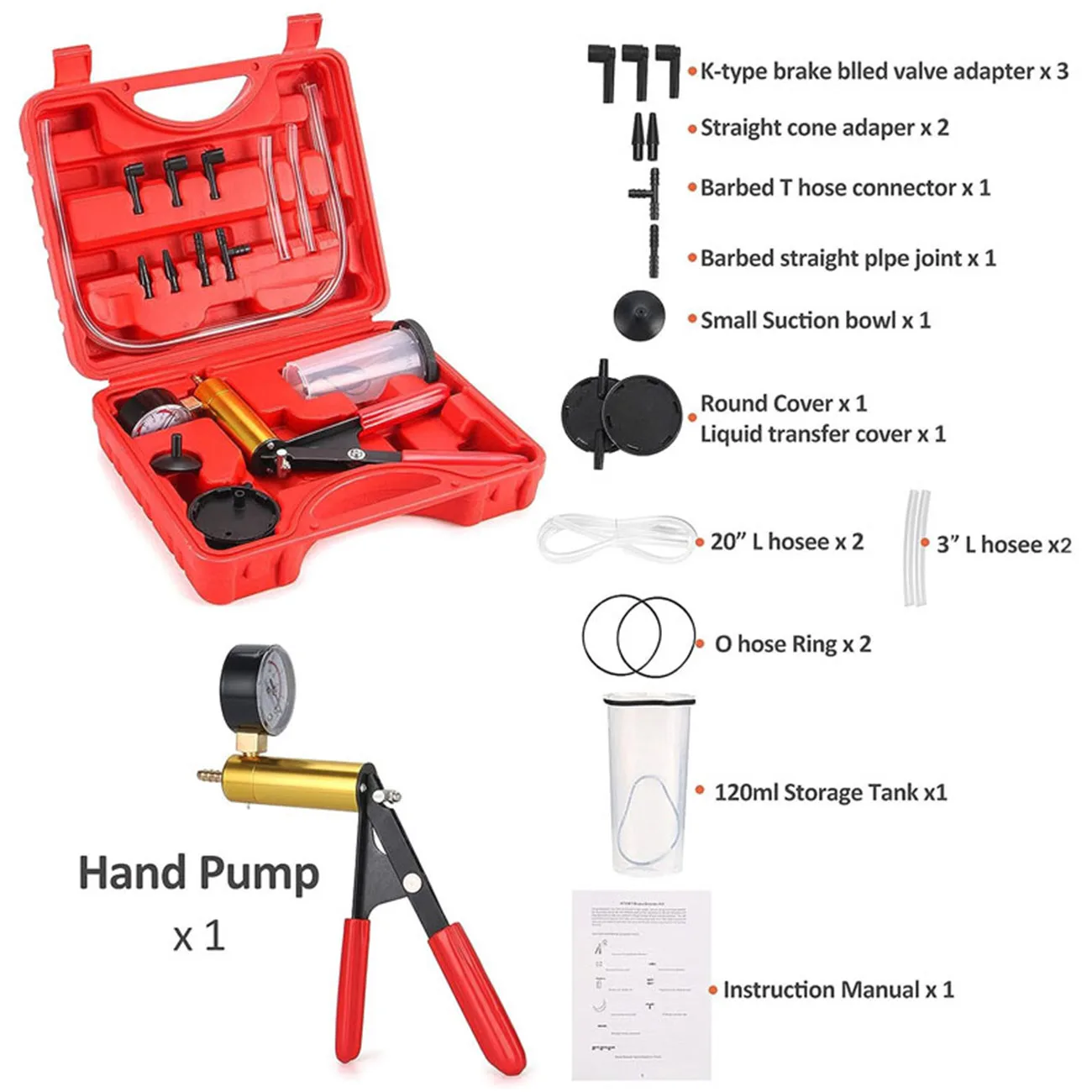 2 in 1 Hand held Vacuum Pump Test Set Brake Bleeder Kit for Automotive Protected Case Adapters One-Man Brake Clutch Bleeding