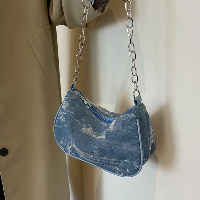 Denim Shoulder Bags Women Chic Minority Ins Korean Underarm Chain Bag All-match Vintage Hole Designer Handbag Female Ulzzang