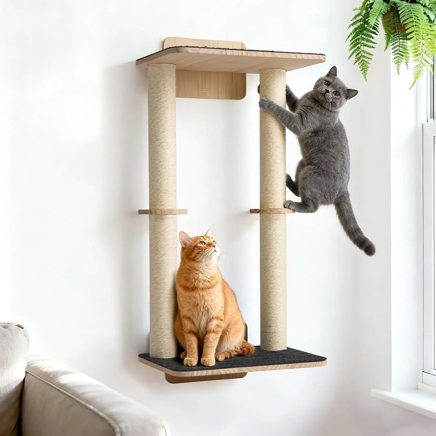 

Wall Mounted Cat Scratcher, 28.3' Cat Wall Scratcher with Dual Sisal Scratching Posts and Large Carpeted Perch, ClimPole for