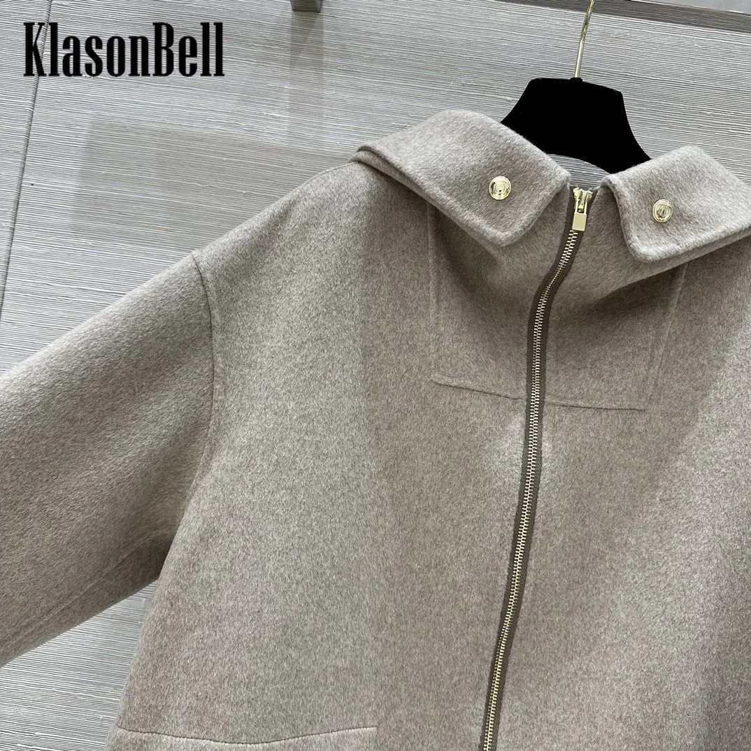 9.2 KlasonBell Women\'s Hooded Adjustable Drawstring Waist Double-Side Wool Coat Vintage Fashion Big Pocket Zipper Outerwear