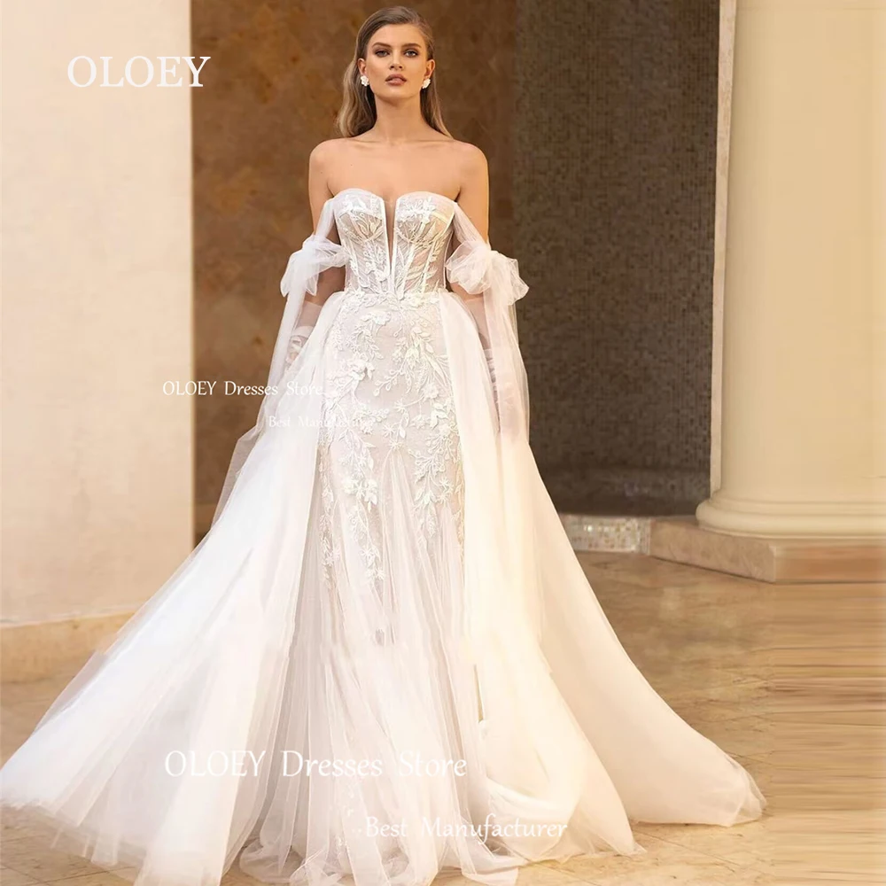 Oloey exquisite Elfenbein Meerjungfrau Brautkleider mit abnehmbaren Sweep Zug boden lange Brautkleider Blume Spitze Robe de Mariage