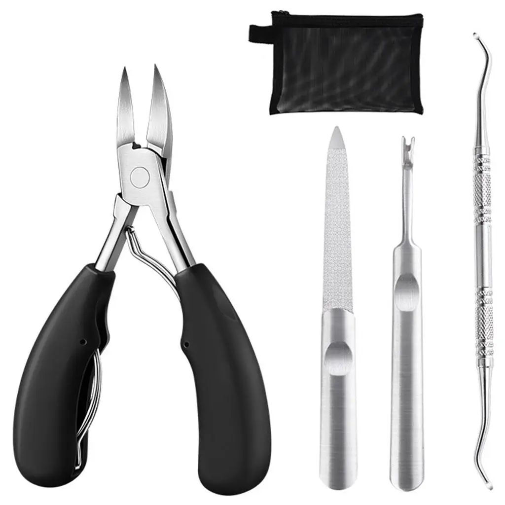 4 in 1 Toenail Clippers Kit Stainless Steel Long Handle Nail Trimmer Nail File Fork for Elderly Thick Toenail Care