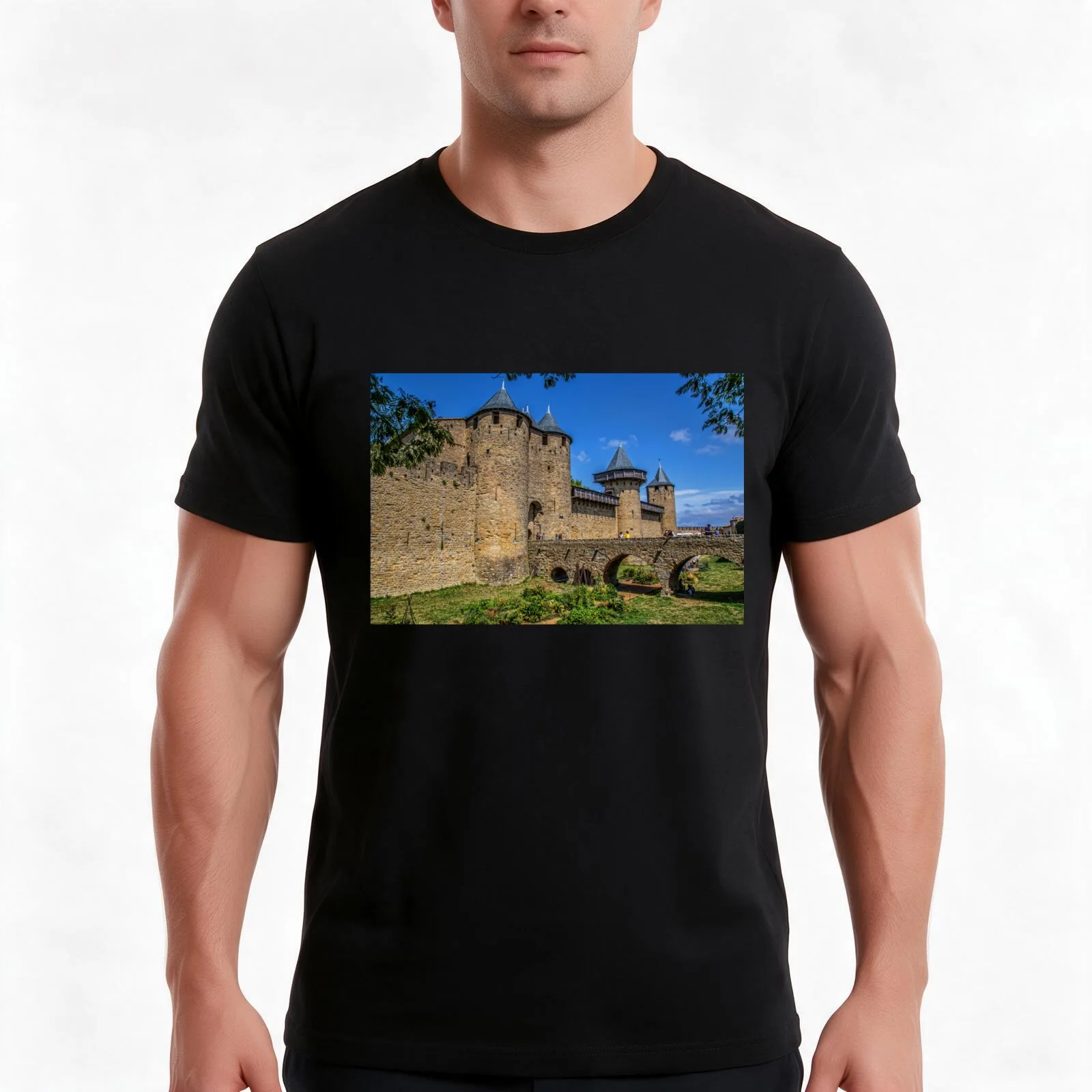 France. Carcassonne. Castle. T-Shirt Summer Casual Cotton Tee Oversized Streetwear Tops Vintage Graphic Print 100% Cotton