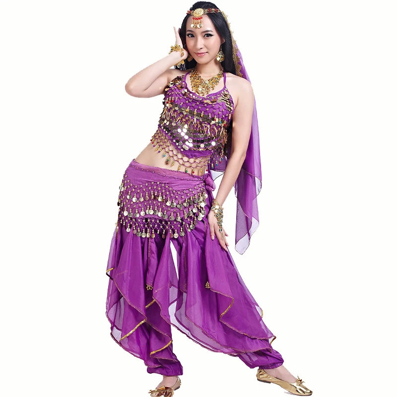 Indian Dance Costume Set 5-pieces Belly Dance Headband Bra Coins Hip Scarf Spinning Pants Performance Clothing Women Dance Suit