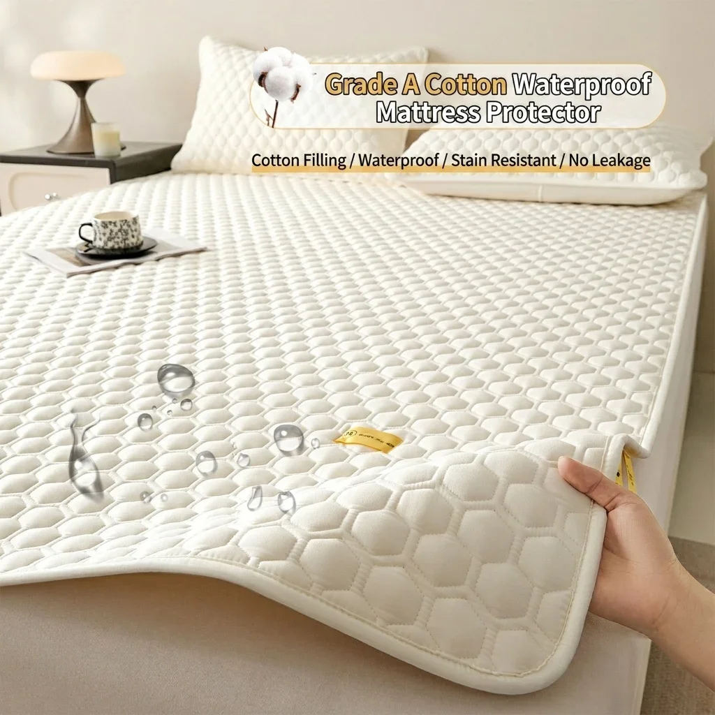 Soft Comfortable Waterproof Mattress Protector Cover Solid Color Quilted Mattress Cover with Elastic Strap Single Double Bed Pad