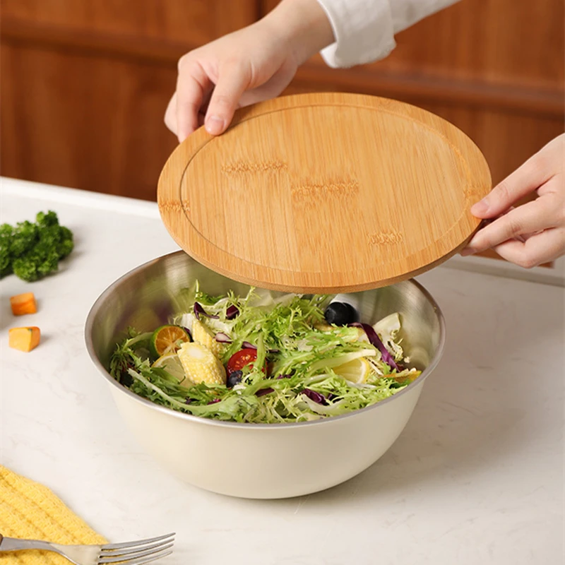 

3pcs/Set Strainer Colander 304 Stainless Steel Drain Basin Salad Mixing Bowl with Scale Bamboo Cover Fruit Rice Washing Sifter