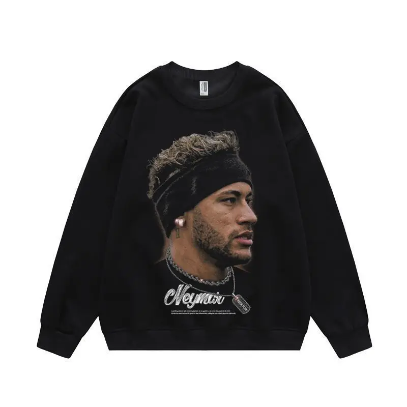 Football Star Neymar American Printed Long Sleeved Round Neck Hoodie for Men and Women's Retro Trendy Sports Shirt