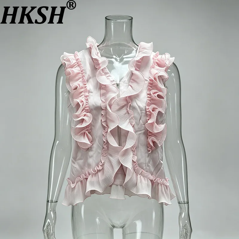 HKSH Women Vest Fashion Elegant Sleeveless V-Neck Zipper Ruffles Design Niche Trend High Street Ins Solid Color Tank Top HK27284