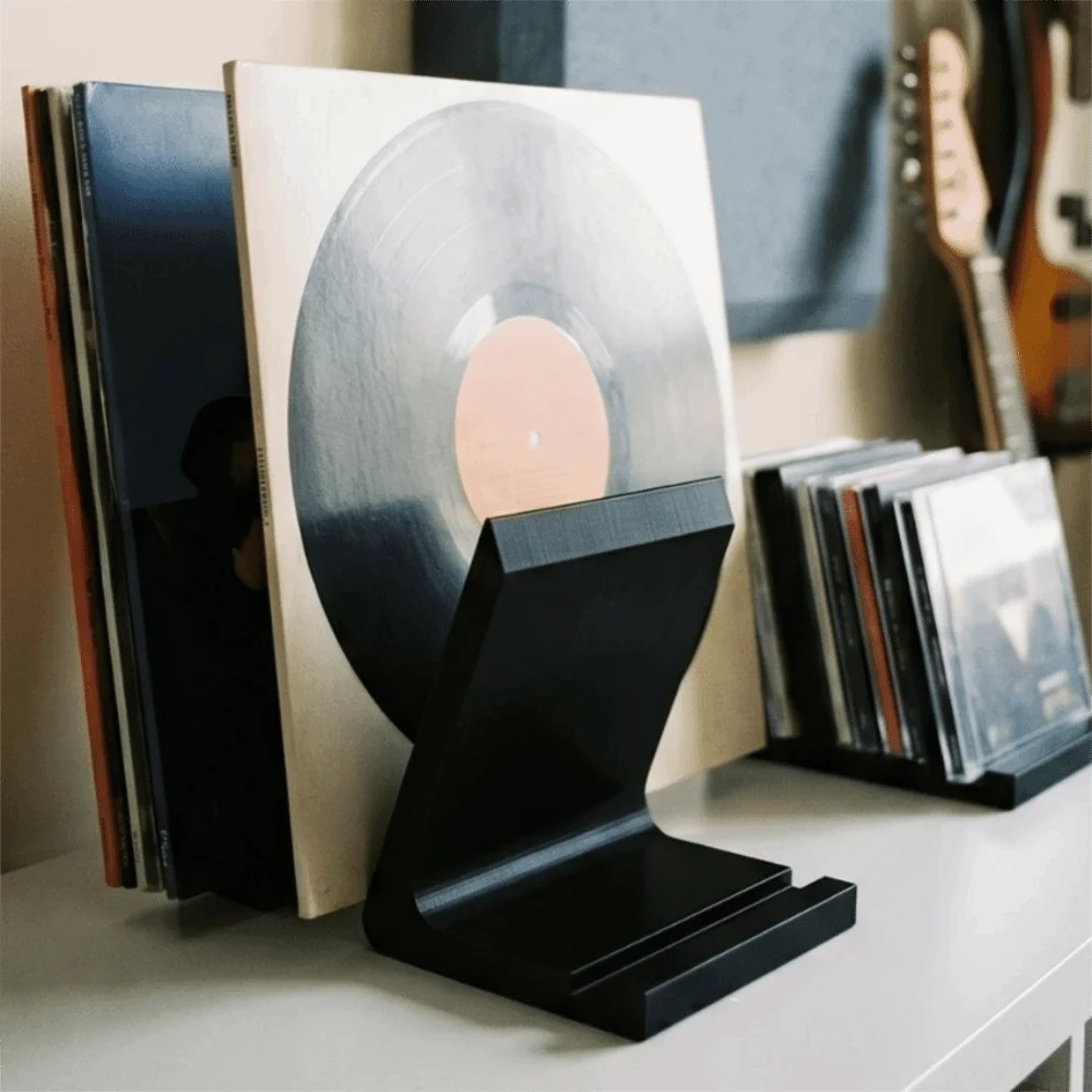 3D Printed Record Player Holder Slanted Support Front Stops Vertical CD Holder Minimalist Plastic Vinyl Record Display Rack