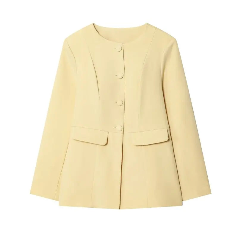 Elegant Minimalist Women's Long Sleeve round Neck Button up Windproof Suit Jacket Versatile Commute Outerwear for Autumn 2025