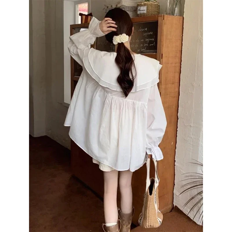 MEXZT Vintage Sweet Ruffles Shirts Women 4Xl White Elegant Oversize Sun-Proof Blouses Korean Cute Flare Sleeve Loose Casual Tops