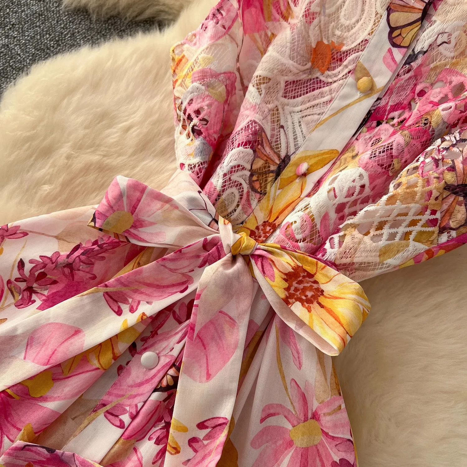 Summer Gorgeous Flower Embroidery Lace Spliced Wedding Dress Women Ruffles Sleeve Colorful Belt Long Robe Holiday Party Vestidos