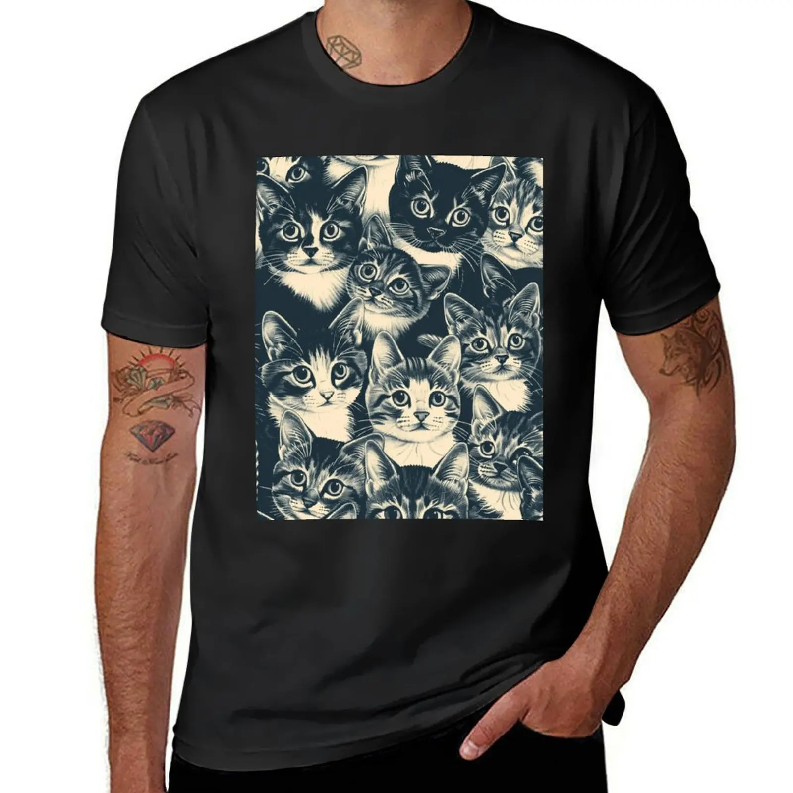 

Cute Cat Kittens Vintage Pattern Art T-Shirt blue archive cheap stuff plus size clothes plain shirts graphic tee men