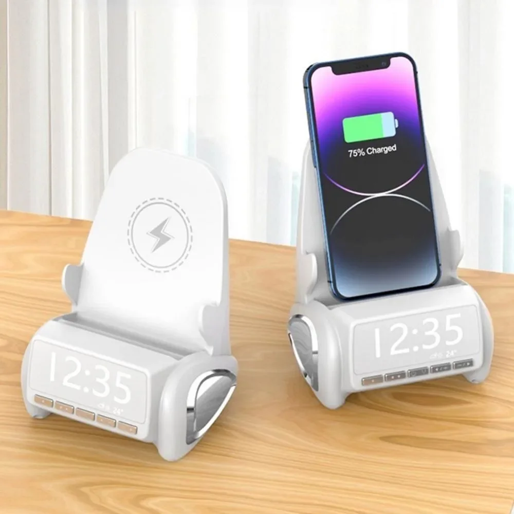 

New 4 in 1 Wireless Phone Charger with Bluetooth Speaker with Clock Desktop Phone Stand Wireless Charging Phone Holder Gift