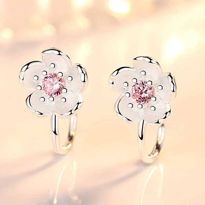 Women\'s Fashion Cherry blossoms Flower Clip Earrings Lovely Sakura Cuff Earring For Japanese Cute Earring Accessories Gifts