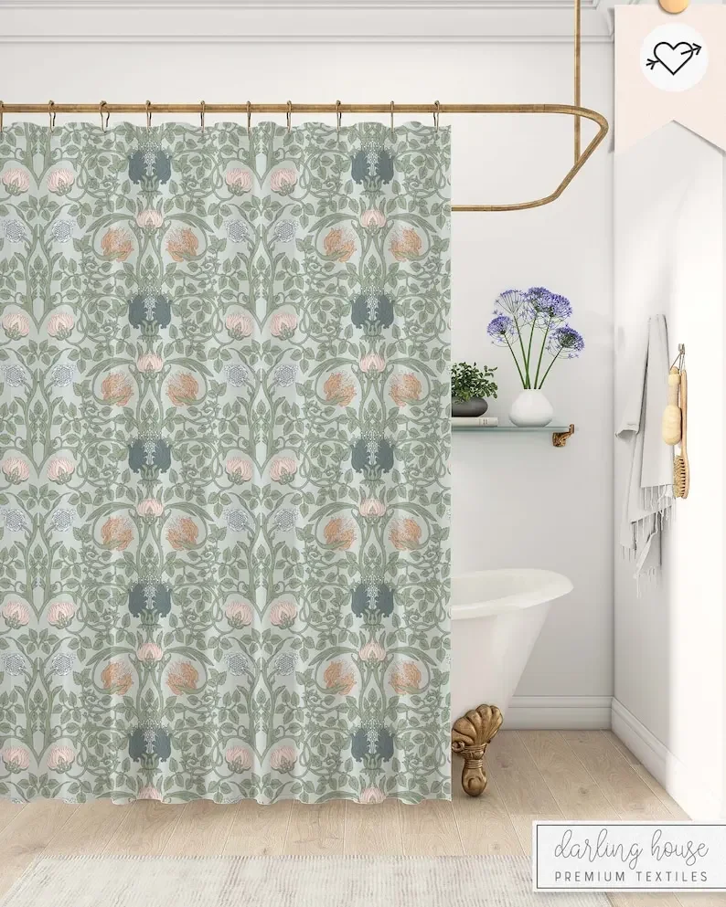 Vintage sage green and blue botanical shower curtain, country style bathroom decor, antique art nouveau style for bathroom