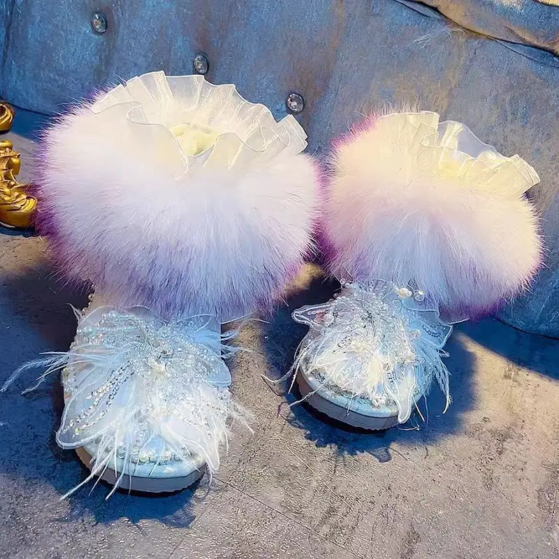 Handgefertigte, maßgeschneiderte Stiefeletten mit Perlen und Pailletten, Strass-Spitze und Perlen, übergroße, einteilige, verdickte Schneestiefel aus Fell 35–40