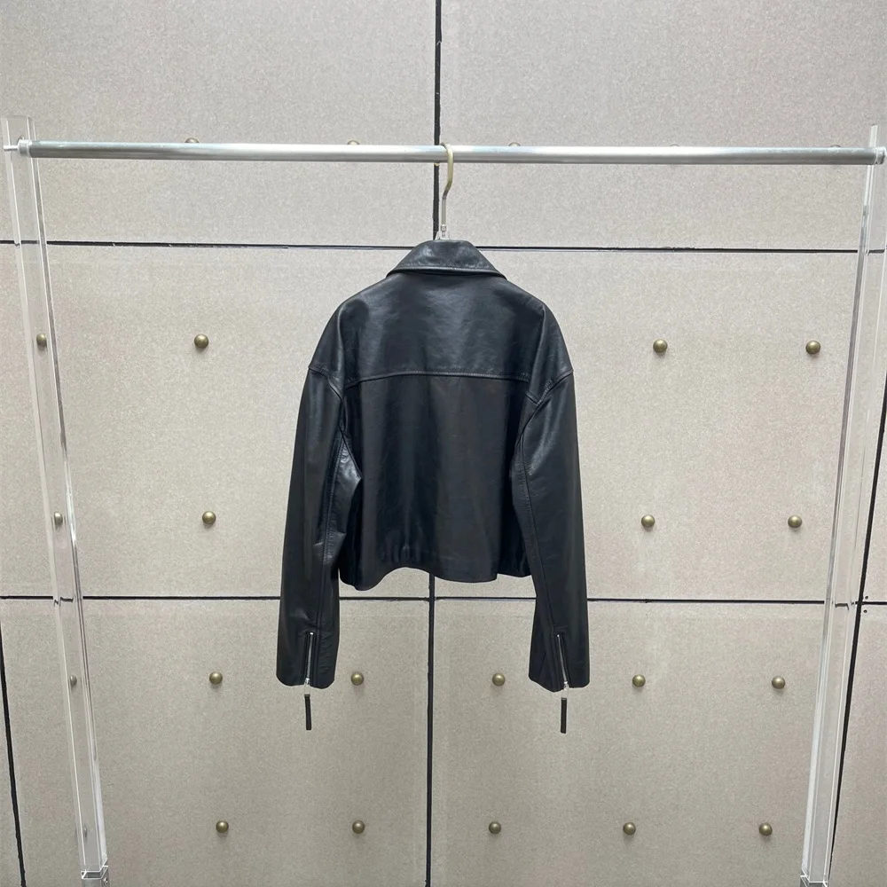 سترة نسائية شتوية من الجلد الطبيعي لعام 2025 مع سحاب، نمط دراجة نارية بسيط غير رسمي، ملابس خارجية، معطف Y2K جديد عالي الجودة